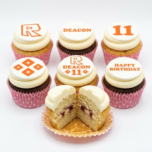 Roblox themed birthday cupcakes with orange R logo, diamond pattern, and custom age and name toppers.