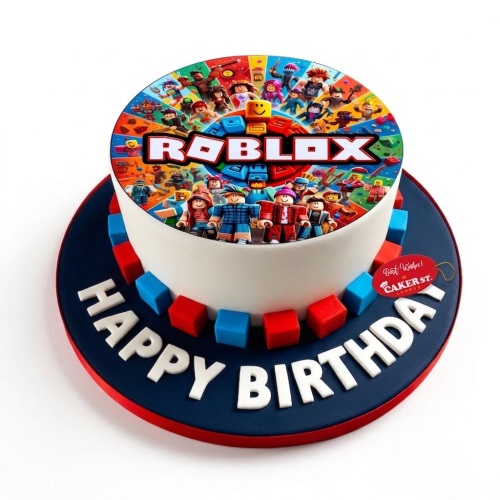 Round white Roblox themed birthday cake with edible character image and red and blue blocks.