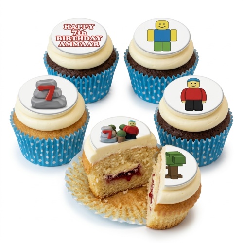 Roblox gaming theme birthday cupcakes with block characters and custom age 7 topper