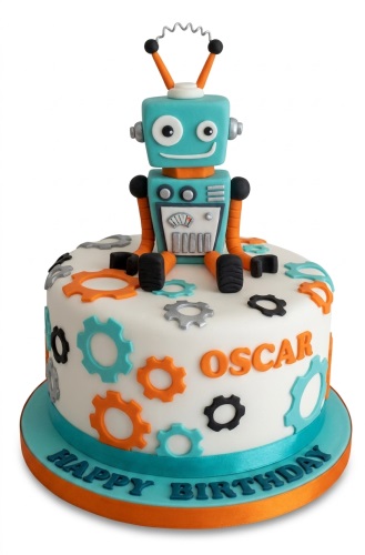 Robot birthday cake with teal and orange gears and a 3D robot topper.