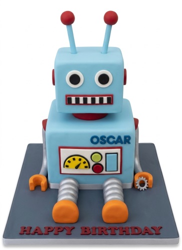 Light blue 3D robot birthday cake with red antennae, control panel, and personalised name option.