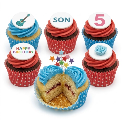 Six cupcakes with red and blue frosting, guitar, 'SON', '5', 'Happy Birthday' toppers, and star picks.