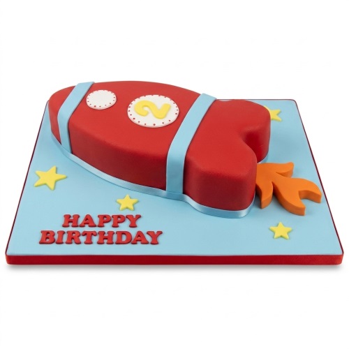 Red rocket ship cake with yellow stars and a custom age topper on a blue base with 'Happy Birthday' message.