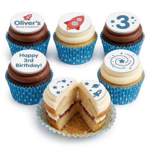 Six space-themed cupcakes with rocket, stars, and galaxy designs, in blue polka dot wrappers.