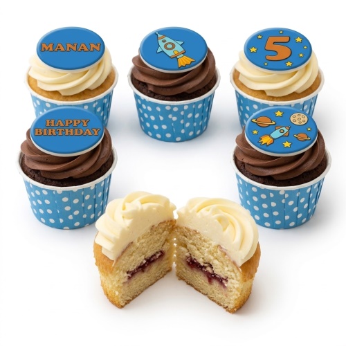 Space-themed birthday cupcakes with rocket, planet, and star toppers, featuring custom age and message.