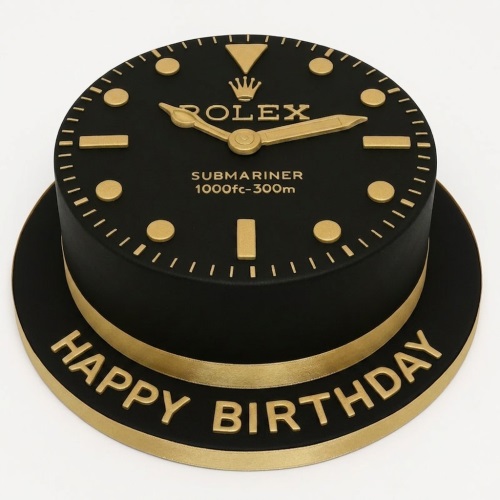 Round black and gold birthday cake designed as a Rolex Submariner watch face with 'Happy Birthday' message.