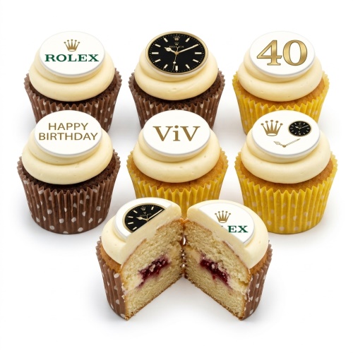 Cupcakes with Rolex logos, watch faces, and custom age birthday toppers.