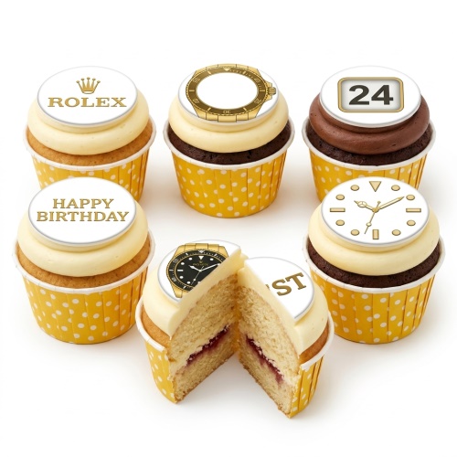 A set of six cupcakes with yellow and brown wrappers. Toppers feature Rolex logo, luxury watch faces, and a custom age '24' and 'Happy Birthday' message.