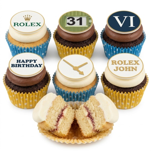 Set of six cupcakes with Rolex theme toppers, including logo, date window, Roman numeral, watch hands, and 'Happy Birthday' message.