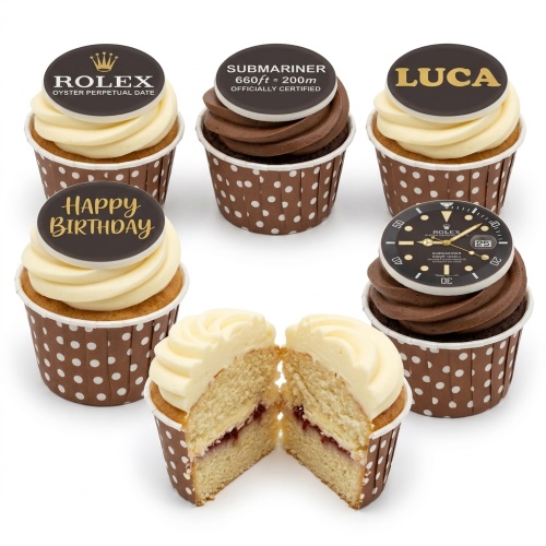 Assortment of vanilla and chocolate cupcakes with white and brown frosting, topped with edible luxury watch-themed designs and a 'Happy Birthday' message.