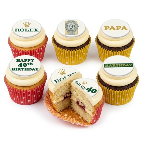 A selection of Rolex themed birthday cupcakes with watch designs, crown logos, and custom age toppers.