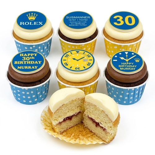 Cupcakes with Rolex style watch face and crown toppers, some with custom age and birthday message.