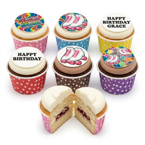 A selection of birthday cupcakes with roller skate themed toppers and custom messages, in colourful polka dot cases.