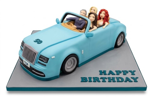 Light blue luxury car shaped birthday cake with custom edible figures and a "Happy Birthday" message.