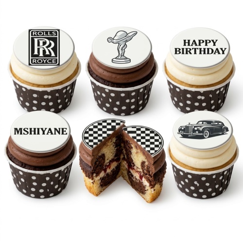 Cupcakes with Rolls Royce logo, Spirit of Ecstasy, classic car, and chequered flag toppers.