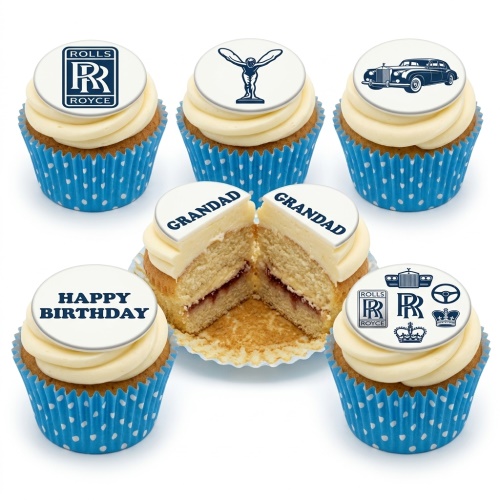 Set of cupcakes with white toppers featuring various dark blue Rolls Royce logos and car designs, on cream frosting in blue polka dot cases.