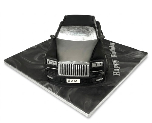 Black and silver Rolls Royce style 3D car birthday cake with customisable licence plate and Happy Birthday message.