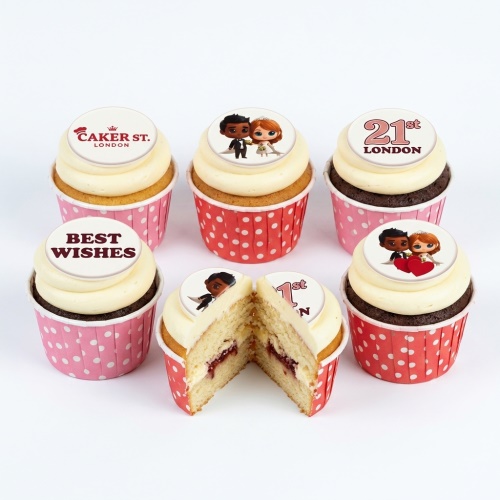Six cupcakes with white frosting, pink and red polka dot cases, and edible toppers showing a couple, hearts, 'BEST WISHES', and custom age text.