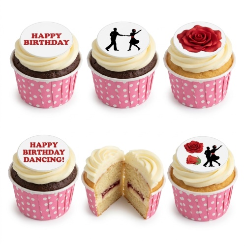 Cupcakes with dancing couple and red rose toppers in pink polka dot wrappers.