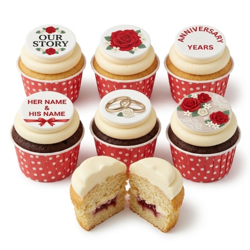 Anniversary cupcakes with red roses, wedding rings, and custom message toppers.