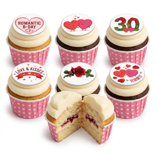 Six cupcakes with white frosting, pink polka dot wrappers, and edible toppers featuring hearts, a red rose, and romantic messages. One cupcake shows a custom age '30'.