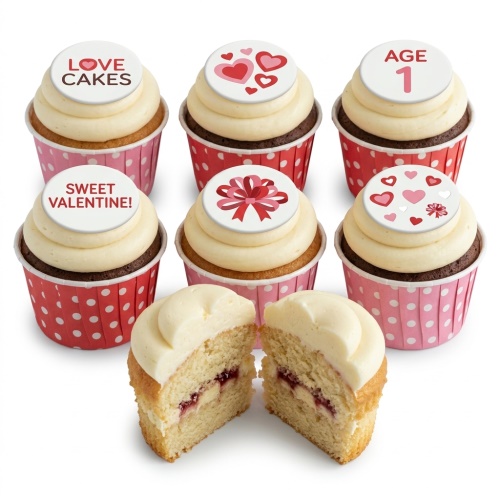 Love heart birthday cupcakes with custom age topper and bow decorations.