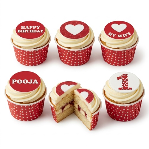 Red and white love heart birthday cupcakes with custom age and message toppers.