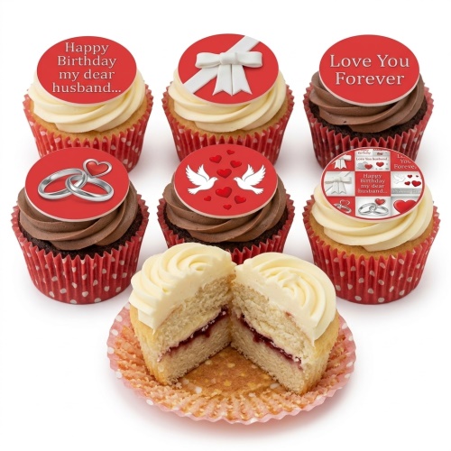 Six cupcakes with red and white romantic toppers, including wedding rings, doves, and a gift bow.