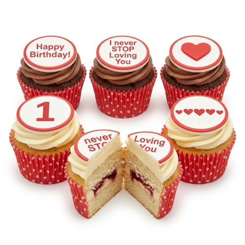 Red and white heart-shaped cupcakes with "I will never STOP Loving You" message