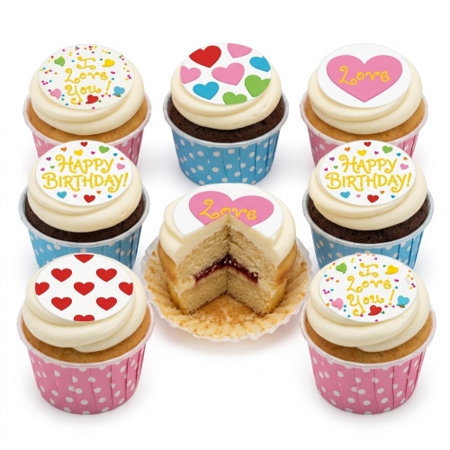 Cupcakes with white frosting, various heart toppers, and 'Happy Birthday' and 'I Love You' messages.