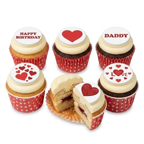 Cupcakes with white frosting, red heart toppers, and custom messages like 'Happy Birthday' and 'Daddy'.