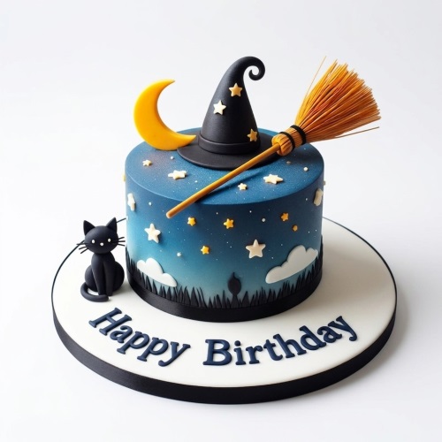 Round blue birthday cake with witch hat, broom, moon, stars, and black cat decorations.