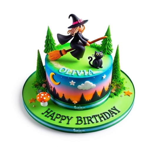 Round birthday cake with a witch on a broom, black cat, forest silhouette, moon, stars, and mushroom decorations.