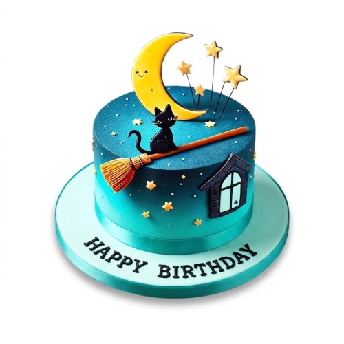 Round blue and teal magical night sky birthday cake with a black cat on a broomstick, yellow crescent moon, and stars.