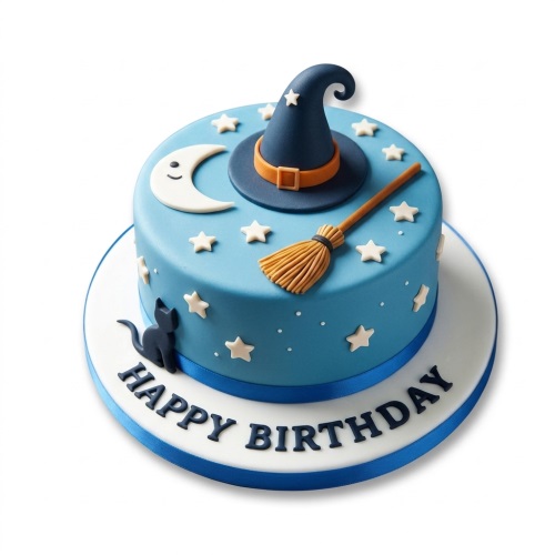 Blue round birthday cake with a witch hat, broomstick, crescent moon, white stars, and a black cat, with 'Happy Birthday' written on the board.