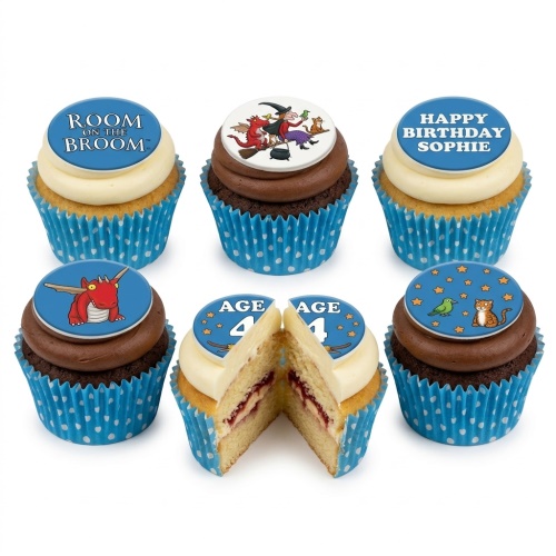 Set of Room on the Broom themed cupcakes with character toppers, custom age topper, and personalised name topper.