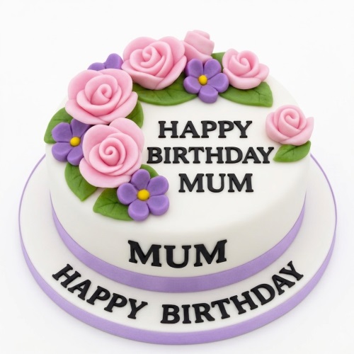 Round white birthday cake with pink roses, purple flowers, green leaves, and a purple ribbon. Includes space for a custom message.