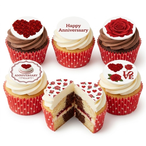 Anniversary cupcakes with red roses, heart designs, and "Happy Anniversary" messages on white toppers.