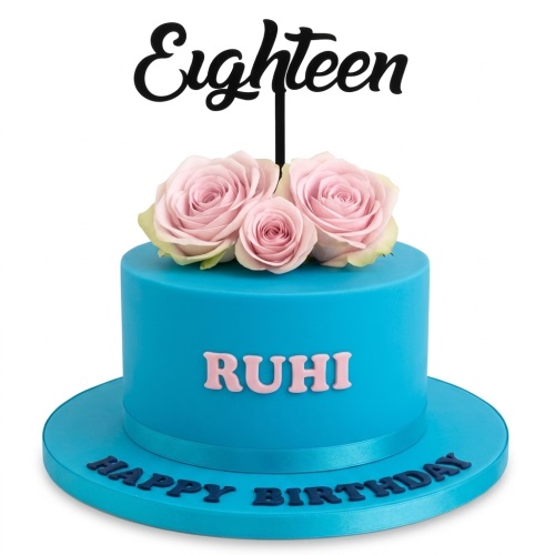 Teal birthday cake with pink roses, custom age topper, and personalised name.