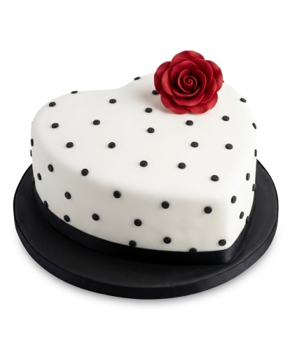 White heart cake with black polka dots and a red rose.