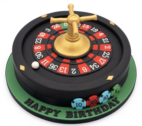 Round black roulette wheel birthday cake with golden spinner, chips, and 'Happy Birthday' message.
