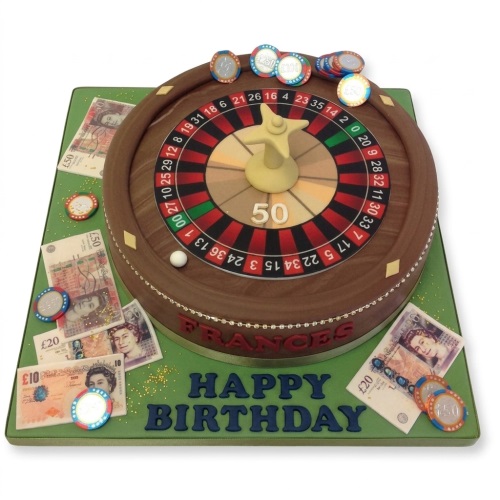 Round roulette wheel birthday cake with edible chips, banknotes, and custom age.
