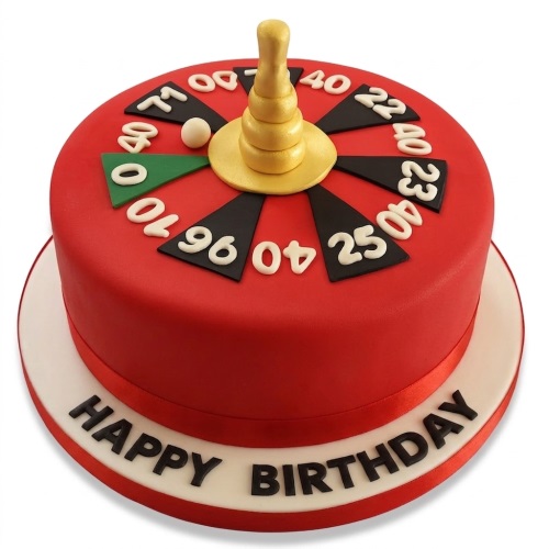 Round red cake with a roulette wheel design, golden spinner, and "Happy Birthday" message.