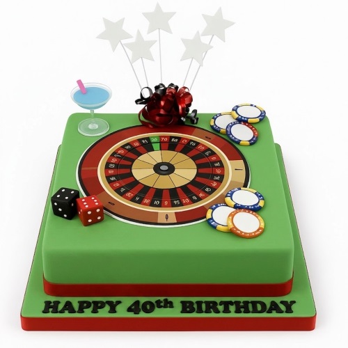 Two-tier green casino themed birthday cake with roulette wheel, dice, poker chips, cocktail, and star toppers.