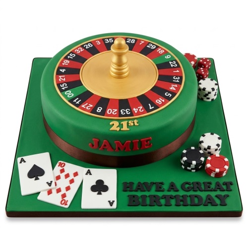 Green casino theme birthday cake with roulette wheel, playing cards, poker chips, and dice, with custom age and name.