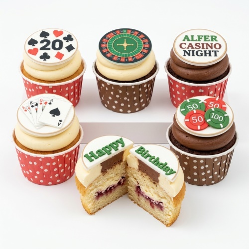 A selection of casino theme birthday cupcakes with edible toppers including playing cards, roulette wheel, and poker chips.