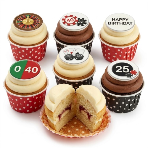 Cupcakes with casino theme toppers including roulette, poker cards, dice, and custom age chips.