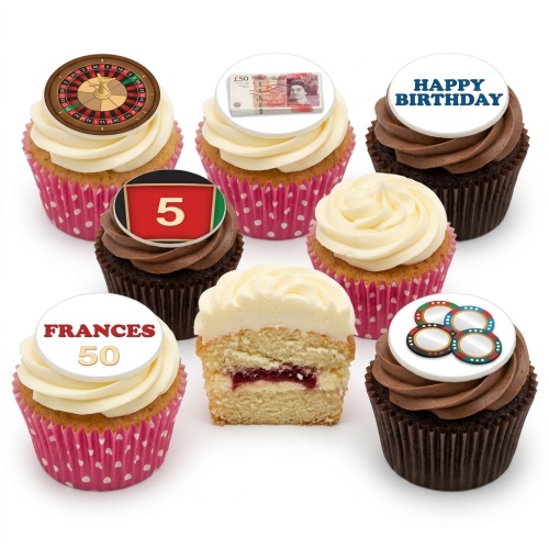 Casino themed birthday cupcakes with roulette, money, and poker chip toppers.