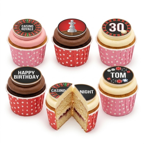 Casino themed cupcakes with roulette wheels, poker chips, and a chess pawn topper, featuring custom age and name options.