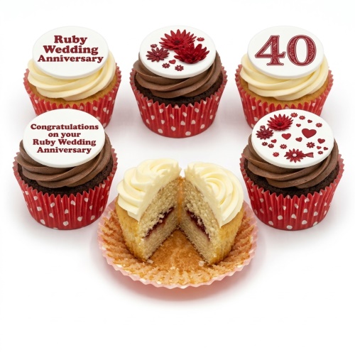 Cupcakes with red and white decorations, Ruby Wedding Anniversary and 40 toppers, and red floral designs.
